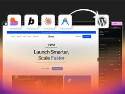 Website-editor screen with several design-tool icons and an arrow leading to a WordPress icon.