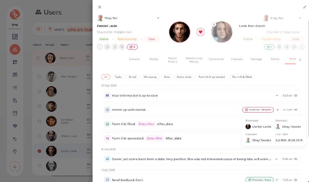 A client's full journey in one timeline — tasks, email, WhatsApp, SMS, comments, and forms, all in one place. Each commitment becomes a tracked promise showing who owns it, who it's to, the due date, and whether it was kept or broken and the client trust level. Shown here for a matched pair (Daniel and Leah), with the "Follow up with Daniel" promise expanded.