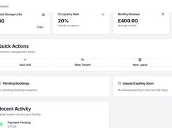 UnitManagerPro Facility Dashboard showing storage-unit totals, occupancy rate, monthly revenue, active leases, quick actions, pending bookings, and recent activity.