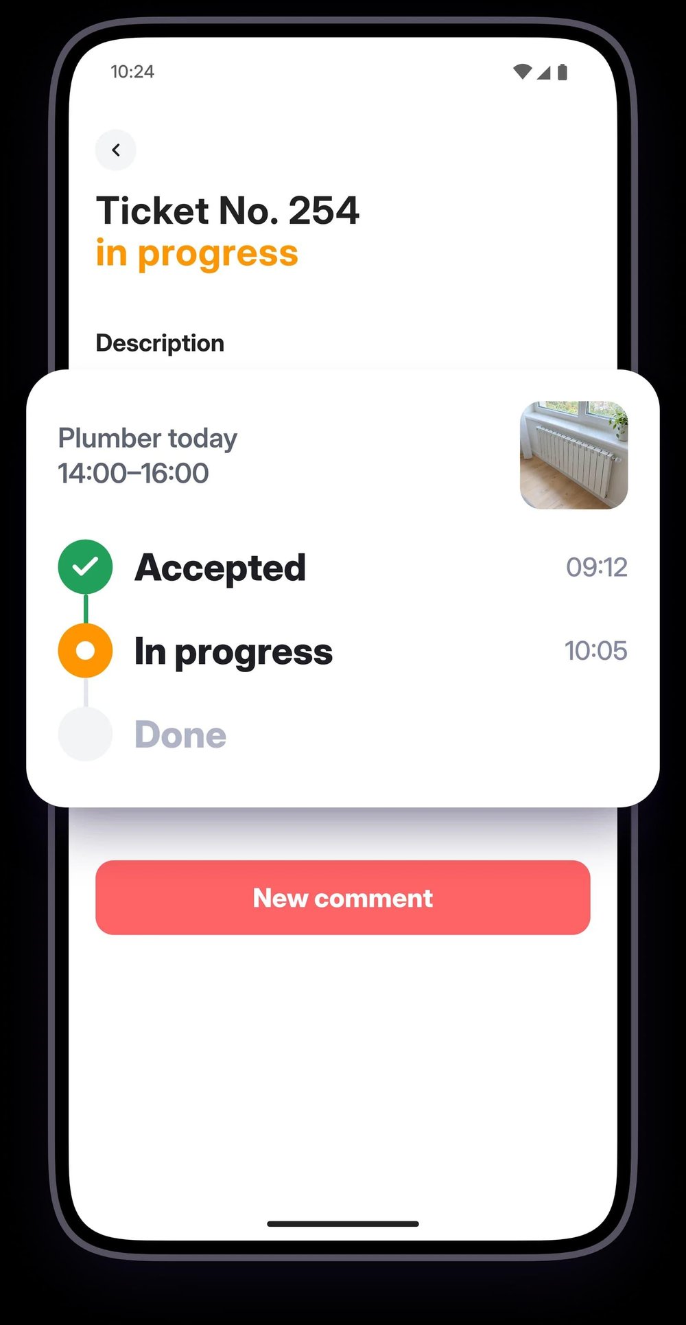 Mobile Unitify maintenance ticket screen for “Ticket No. 254,” showing a plumber appointment and accepted and in-progress status steps.