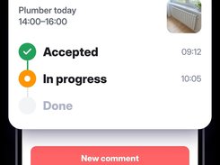 Mobile Unitify maintenance ticket screen for “Ticket No. 254,” showing a plumber appointment and accepted and in-progress status steps.