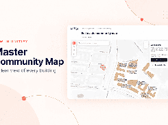 Unitify web interface for editing a master community map, showing a map with outlined buildings and a panel for creating a plot or converting it to a building.