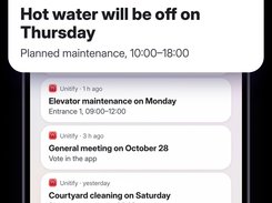 Phone notification screen with Unitify maintenance and meeting alerts, including a notice that hot water will be off on Thursday.