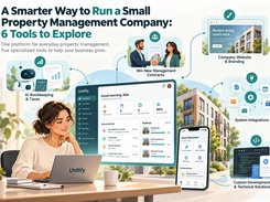 Illustrated Unitify overview showing a property-management dashboard and mobile app connected to labeled tools including AI bookkeeping, company website branding, system integrations, and custom development.