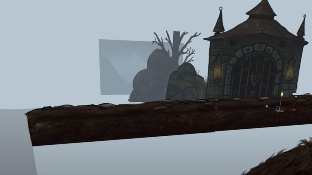 A 2D illustrated castle scene on a floating ground platform, shown in an editor viewport with a transform gizmo.