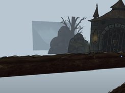 A 2D illustrated castle scene on a floating ground platform, shown in an editor viewport with a transform gizmo.
