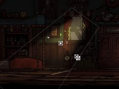 An illustrated bedroom scene in an editor view with a rotated selection boundary, transform gizmo, and object icons.