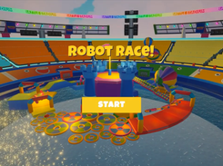 Colorful game stadium screen with the text “ROBOT RACE!” and a large yellow Start button over a race-course arena.