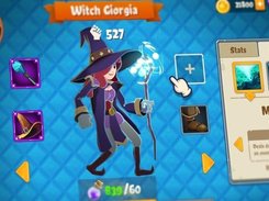 Cartoon fantasy game character inventory and skills screen for a witch named Giorgia, showing equipment slots and a Magic Bolt skill panel.
