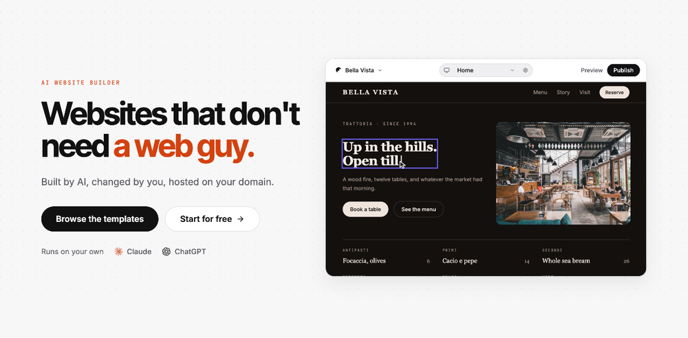 Unshift AI website builder landing page with a restaurant-site editor preview.