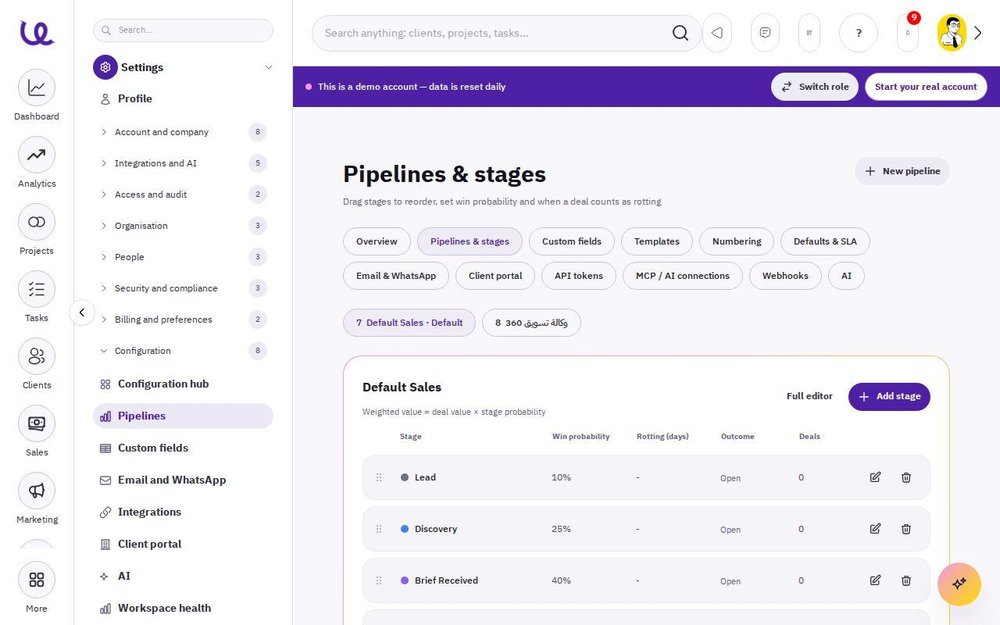 Pipelines and stages configuration screen listing sales stages, win probabilities, outcomes, and editing controls.