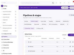 Pipelines and stages configuration screen listing sales stages, win probabilities, outcomes, and editing controls.
