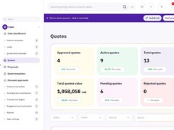 Quotes dashboard with summary cards for approved, active, pending, rejected, and total quote values.