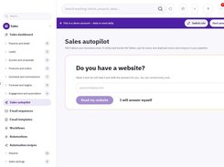 Sales autopilot setup page asking for a business website URL, with options to read the website or answer manually.