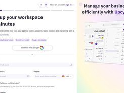 Upcycle workspace setup page with fields for name, email, phone, and company, alongside a dashboard preview.