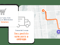 Order-tracking interface graphic with a shopping cart card, purchase details, a map route, and the text "Seu pedido saiu para a entrega."