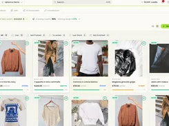 Uptonica catalog dashboard in grid view showing apparel product cards, catalog-quality metrics, inventory status, prices, and enrichment progress.