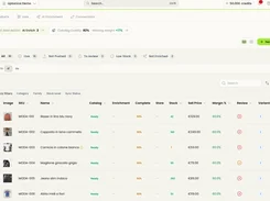 Uptonica catalog dashboard in table view listing apparel SKUs, names, stock, sell prices, margins, review status, and variants.
