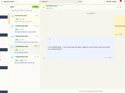 Uptonica inbox interface with filters, an anonymous customer conversation list, and an AI-generated reply about garment sizing.