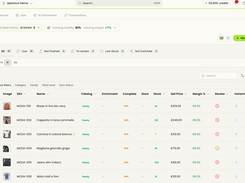 Uptonica catalog dashboard in table view listing apparel SKUs, names, stock, sell prices, margins, review status, and variants.