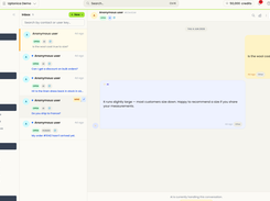 Uptonica inbox interface with filters, an anonymous customer conversation list, and an AI-generated reply about garment sizing.
