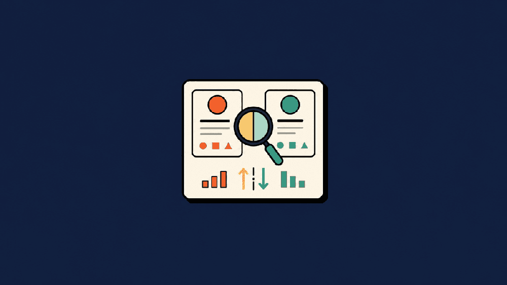 Graphic of two profile cards with a comparison magnifying glass and small ascending and descending bar charts.