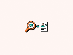 Minimal workflow graphic showing a magnifying glass with a chat bubble pointing to a verified profile card.