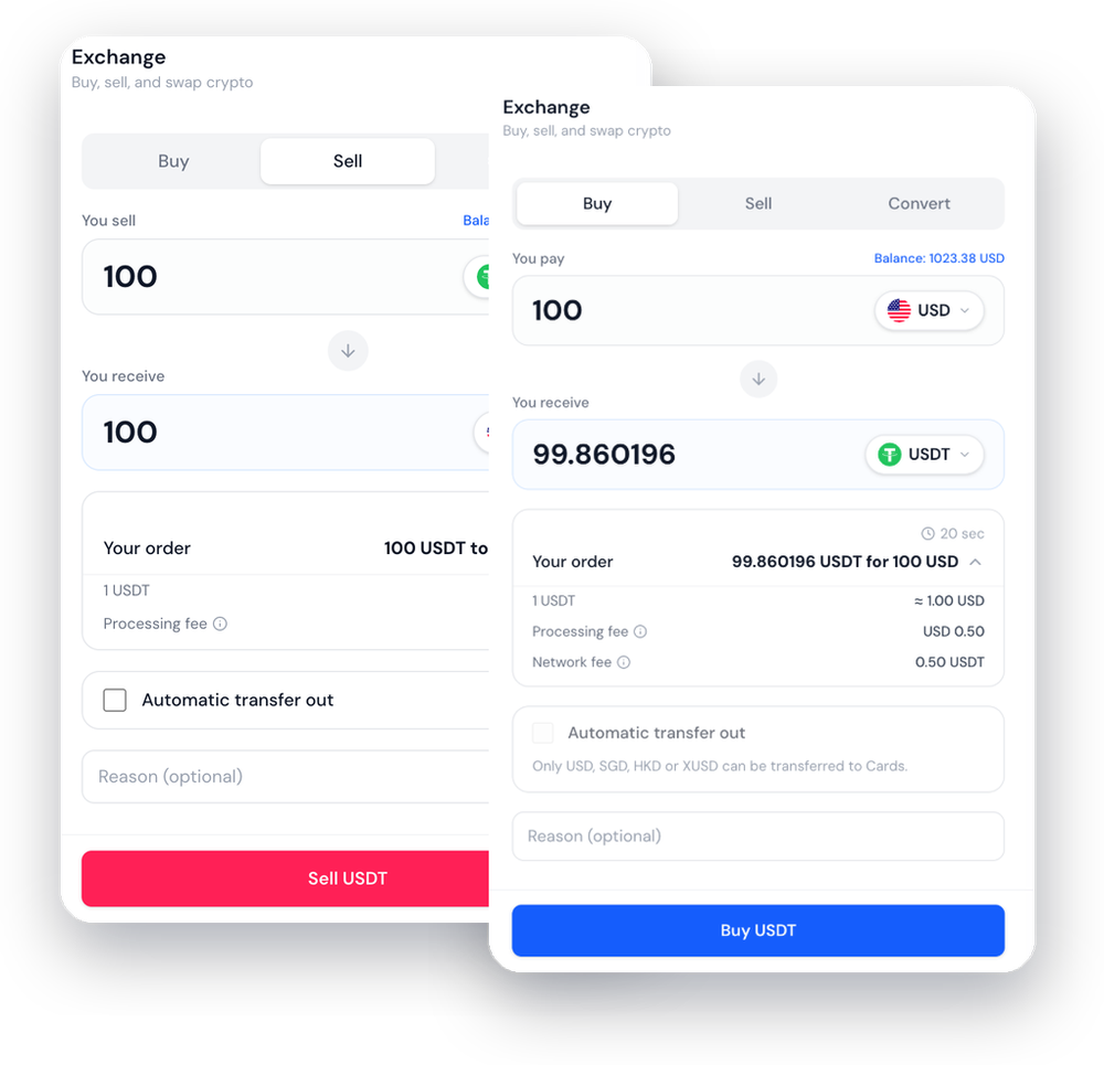 Two UQPAY Exchange interface panels show buy and sell crypto forms for USD and USDT, including payment amounts, fees, balances, and action buttons.