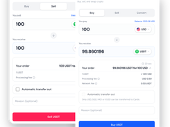 Two UQPAY Exchange interface panels show buy and sell crypto forms for USD and USDT, including payment amounts, fees, balances, and action buttons.