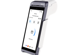 A Newland N950 payment terminal displays a checkout for “Hot and spicy hot pot” totaling $12.90, with card, contactless, and QR payment options.