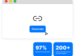 A stylized browser window shows a link icon and a blue Generate button above panels stating “97% Payment Success Rate” and “200+ Global coverage across countries/regions.”