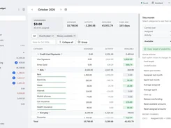 Light-mode UrBudget budget dashboard for October 2026, with category allocations, account balances, available funds, and quick-assignment details.