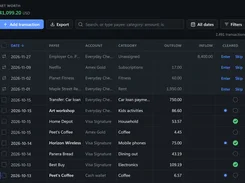 Dark-mode transaction register with add transaction, export, search, date, and filter controls above categorized inflow and outflow entries.