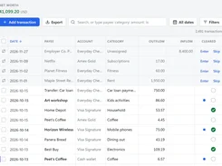 Light-mode transaction register with add transaction, export, search, date, and filter controls above categorized inflow and outflow entries.