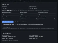 Dark-mode loan planner form for a car loan, with interest rate, monthly and extra payment fields, and a payoff comparison.