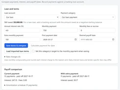 Light-mode loan planner form for a car loan, with interest rate, monthly and extra payment fields, and a payoff comparison.