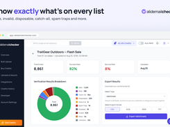 Each verified list gets a full breakdown: success rate, bounce rate, and exact counts for all ten email statuses, with one-click export of just the valid emails.