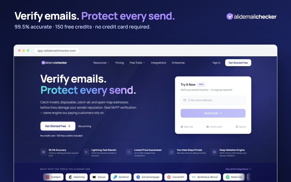 Valid Email Checker catches invalid, disposable, catch-all, and spam-trap addresses with 99.5% accuracy before they hurt your sender reputation — 150 free credits, no credit card required.