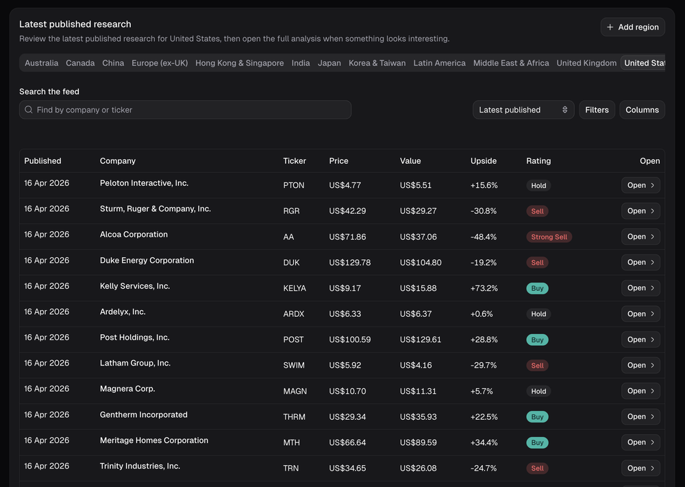 Research Desk surfaces fresh regional stock ideas with valuation, upside, and rating context.
