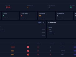 Dark-themed ValueRamp Book of Business dashboard showing ARR, accounts at risk, action items, portfolio health, and an account portfolio table.