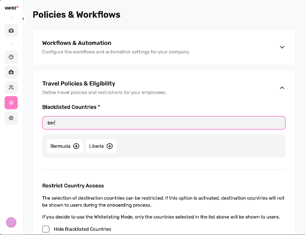 Vamoz Policies & Workflows settings page with travel-policy eligibility controls, blacklisted-country search, and country-access restriction text.