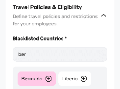 Mobile Vamoz Policies & Workflows screen showing expandable workflow and travel-policy sections, blacklisted-country search, and country suggestions.