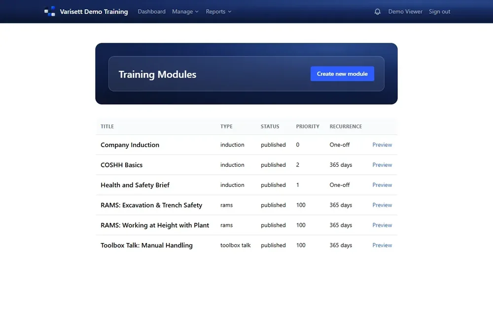 Varisett Demo Training Modules page listing published induction, RAMS, and toolbox-talk modules with recurrence settings.