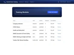 Varisett Demo Training Modules page listing published induction, RAMS, and toolbox-talk modules with recurrence settings.