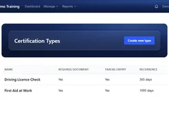 Varisett Demo Training Certification Types page listing driving-licence and first-aid certification requirements and recurrence periods.