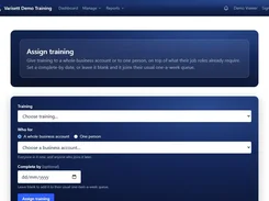 Varisett Demo Training Assign training form with training, recipient scope, business-account, and completion-date controls.