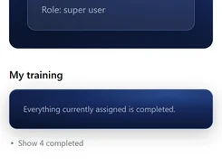 Mobile Varisett Demo Training dashboard showing a super-user welcome message, completed training, and certification status.