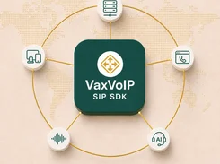 Diagram with a central “VaxVoIP SIP SDK” panel linked to icons for servers, devices, a phone browser window, audio waveform, and an AI headset over a dotted world map.