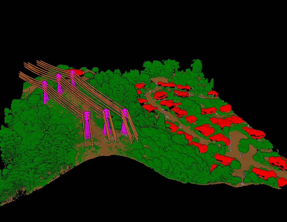 Oblique point-cloud view of a wooded settlement and high-voltage transmission towers, with orange cables and magenta towers.
