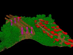 Oblique point-cloud view of a wooded settlement and high-voltage transmission towers, with orange cables and magenta towers.